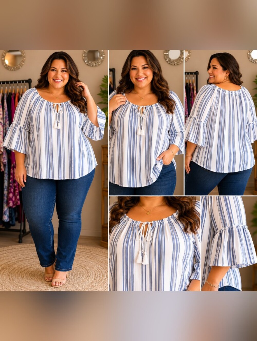 Plus Size Blue & White Striped Peasant Blouse with Tassel Tie